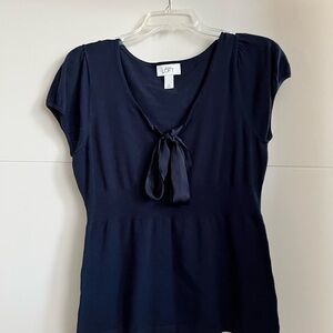 LOFT Women's Navy Top with Silk Tie Detail